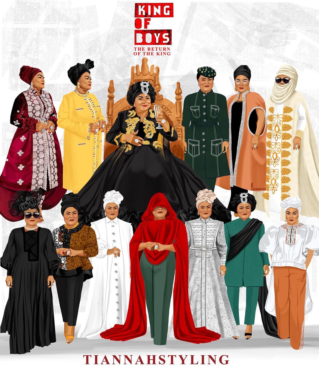 illustrations of Eniola Salami’s looks from The king of Boys movie commissioned by @tiannahsplacempire