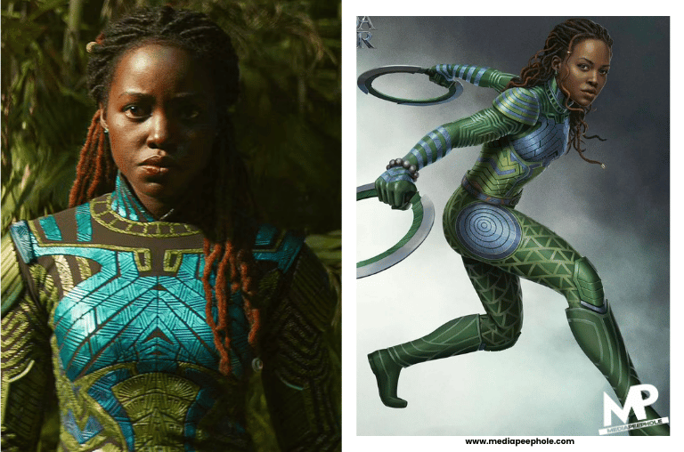 Costume design in Black Panther featuring Lupita Nyongo’s green outfit reflecting her Wakandan heritage.

